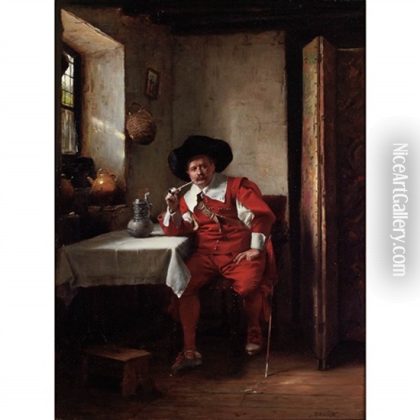 Seated Cavalier Smoking A Pipe In An Interior Oil Painting - Vaclav Brozik