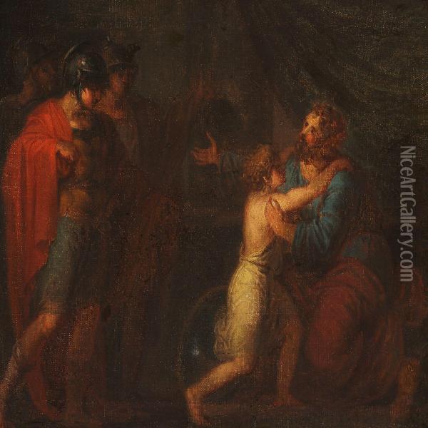 Two Roman Warriors Watching A Seated Man Embracing A Child Oil Painting - Nicolas-Abraham Abilgaard