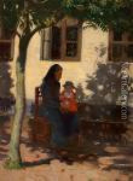One Of Anna Ancher's Sisters 
Sitting In Front Of A House Under A Tree With Her Little Niece Helga 
Ancher On Her Knee Oil Painting - Anna Ancher