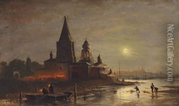 Night Procession In Yaroslavl Oil Painting - Aleksei Petrovich Bogolyubov