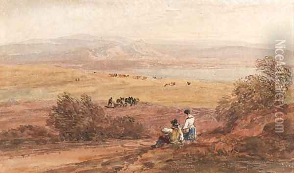 Figures in a rural landscape with the sea beyond Oil Painting - David Cox
