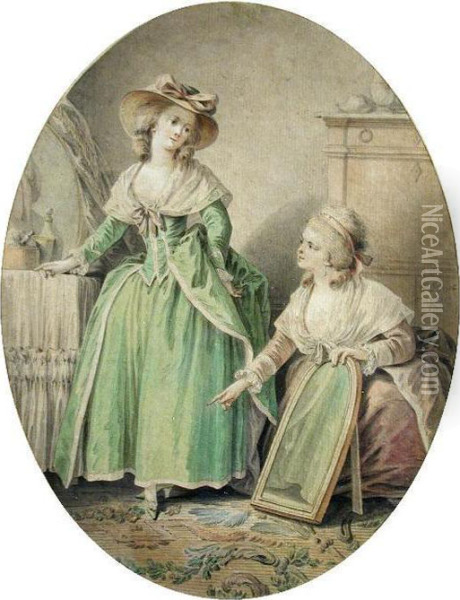 Two Ladies Of Fashion Admiring A Pair Of New Shoes Oil Painting - Jean-Baptiste Huet I