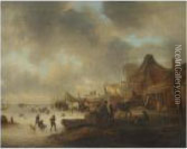 A Winter Landscape With Children
 Playing On A Frozen River And Travellers Resting With Their Horses Oil Painting - Claes Molenaar (see Molenaer)