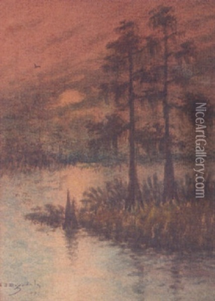 Cypress At Sunset Oil Painting - Alexander John Drysdale