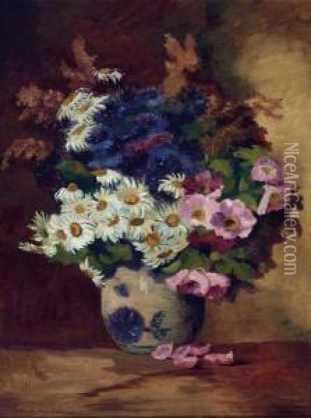 Still Life Of Daisies In A Pottery Vase Oil Painting - Max Theodor Streckenbach