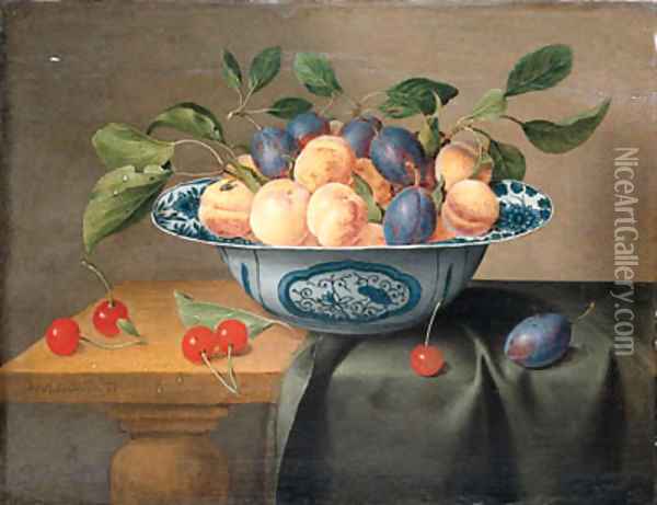 Plums and nectarines in a porcelain bowl with cherries on a partly draped table Oil Painting - Jacob van Hulsdonck