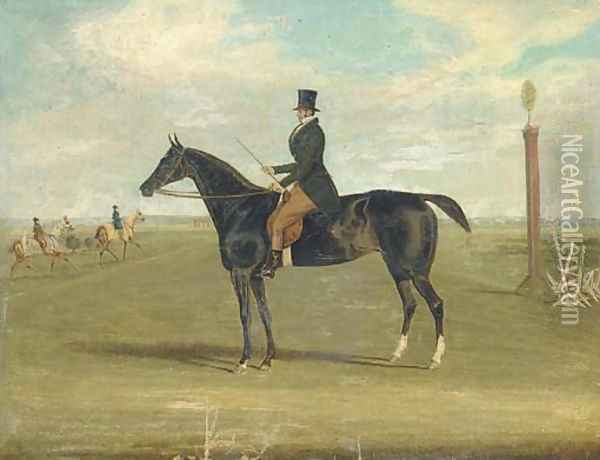 A black racehorse with a trainer up, with horses being exercised beyond Oil Painting - James Pollard