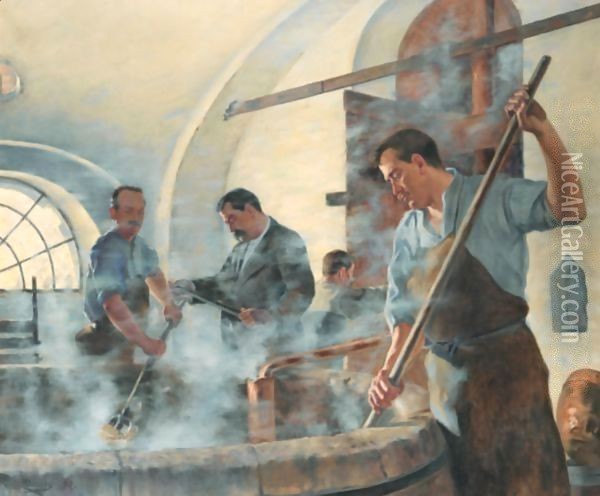 Mashing At The Brewery Of Bethencourt (North Of France) Oil Painting - Eugene Decisy