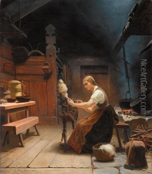 Kvinne Ved Rokken I Bondeinterior (woman Spinning Wool) Oil Painting - Knud Larsen Bergslien