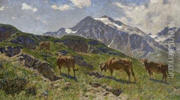 Rinder Im Hochgebirge Oil Painting - Ernst Heinrich Platz