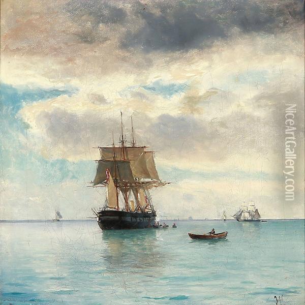 Seascape With A Bark On Calm Sea Oil Painting - Holger Peter Svane Lubbers