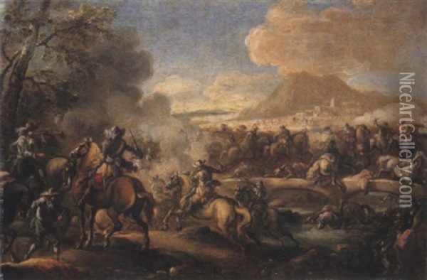 Combats De Cavaliers Autour D'un Pont Oil Painting - Antonio Maria Marini