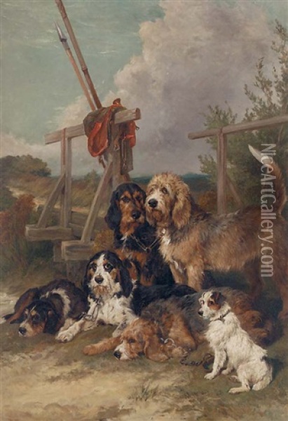 Otter Hounds And A Terrier By A Bridge - Tired Out Oil Painting - John Emms