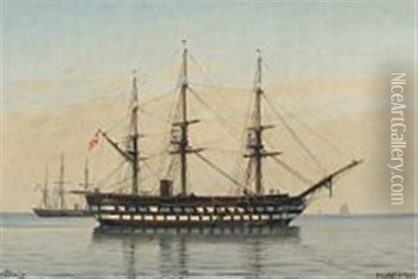 The Warship Skjold At Anchor In The Sound On A Calm Day Oil Painting - Christian Blache