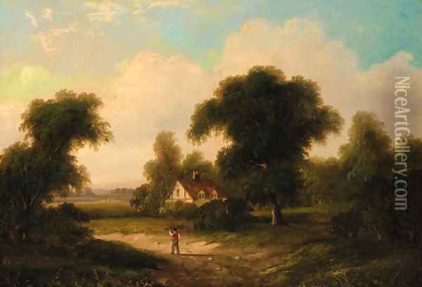 A faggot gatherer before a cottage in a wooded landscape Oil Painting - William Heath