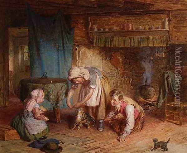 Pussys First Lesson, c.1870 Oil Painting - James Clarke Waite
