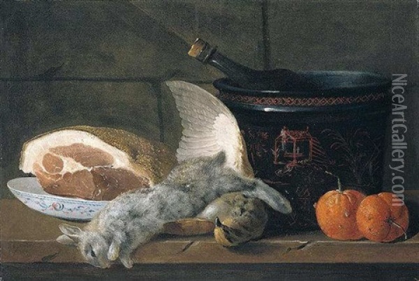 Still Life With A Ham, A Porcelain Bowl, A Chinoiserie Pot, Two Oranges, A Rabbit And A Partridge, Together On A Wooden Table Oil Painting - Jacques Charles Oudry