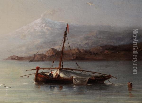 Fischerboote In Der Meeresstrasse Von Messina Mit Dem Atna Oil Painting - Michel Bouquet