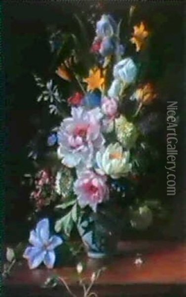 Krukke Med Silkepaeoner, Iris,akande, Sneboller, Syrener Og Kaprifolie Oil Painting - Augusta Dohlmann