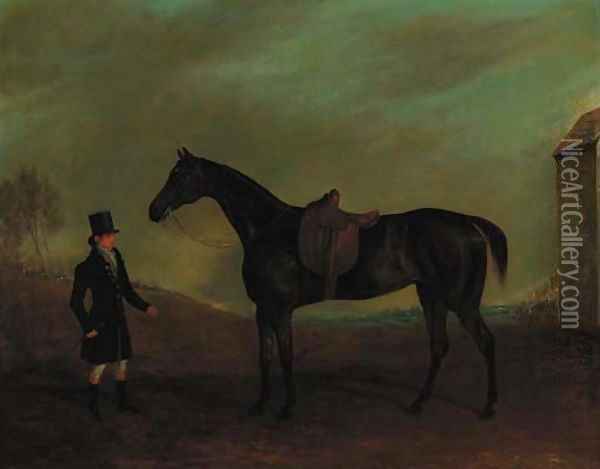A side-saddled bay hunter with a groom in a landscape Oil Painting - Edwin Cooper