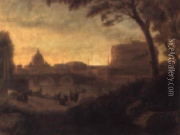 View Of The Tiber, Rome, With The Castel Sant'angelo And St. Peter's Oil Painting - Pierre Antoine Demachy
