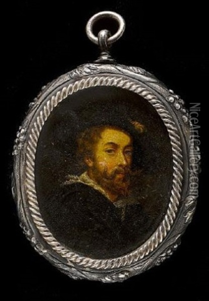 Sir Peter Paul Rubens, Wearing Black Cloak Over Frilled White Collar And Gold Chain, A Broad-brimmed Hat With Plume On His Head Oil Painting - Johan Wilhelm Carl Way