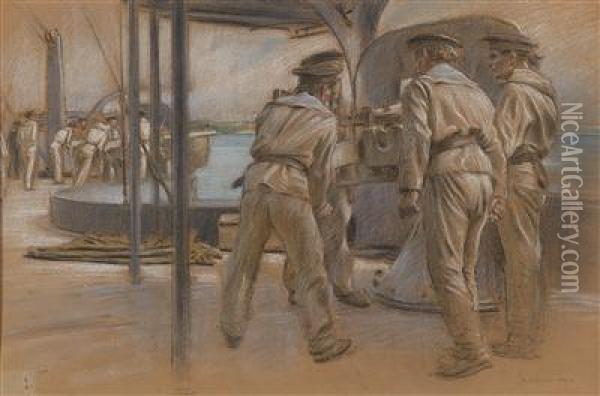 Sailorsin The Harbour Of Pola Oil Painting - Adolf Hiremy-Hirschl