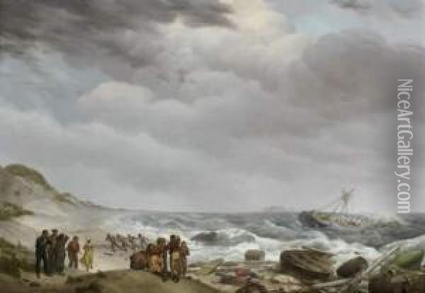 Les Rescapes De L'eclair D'anvers Sur Une Plage Oil Painting - Johannes Hermanus Koekkoek