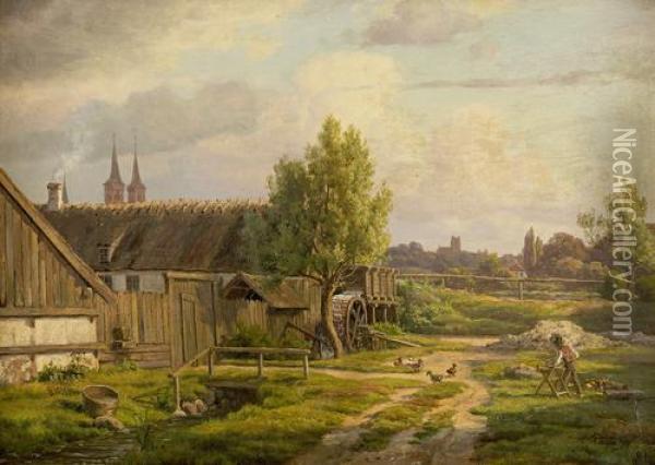 Farmstead With Townscape Beyond Oil Painting - Constantin Hansen
