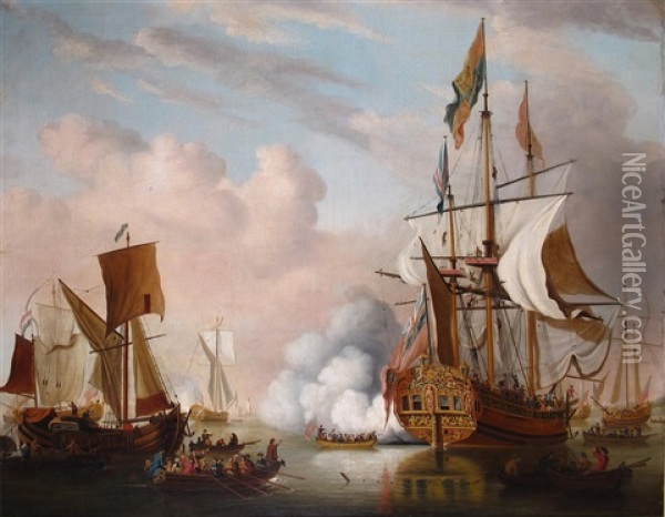 A Royal Yacht (possibly The Carolina) Firing A Salute And Other Boats In A Busy Shipping Scene Oil Painting - Peter Monamy