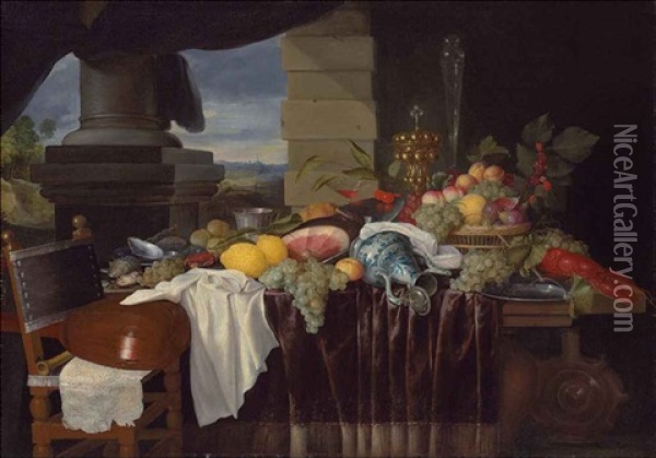 A Pronk Still-life With Fruit And A Lobster, A Lute On A Chair, A Landscape Seen Through A Colonnade Beyond Oil Painting - Jan Pauwel Gillemans The Elder