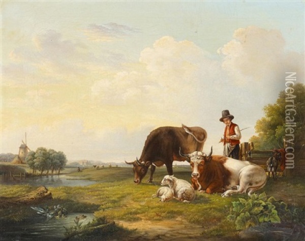 Hollandische Weidelandschaft Mit Vieh Oil Painting - August Ferdinand Ottevaere
