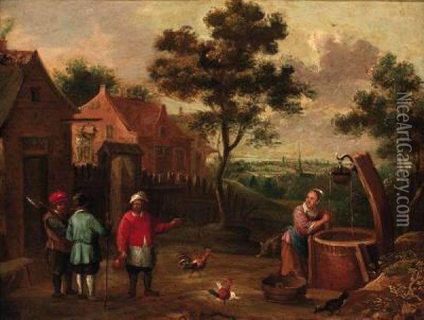 Peasants Conversing On A Track By A Well In A Village Oil Painting - Thomas Van Apshoven