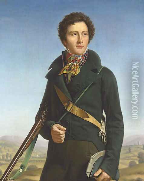Portrait of a gentleman, identified as Jean-Andre Prosper Henri Le Page, three-quarter-length, in a green jacket and carrying a rifle, in a landscape Oil Painting - Francois Henri Mulard