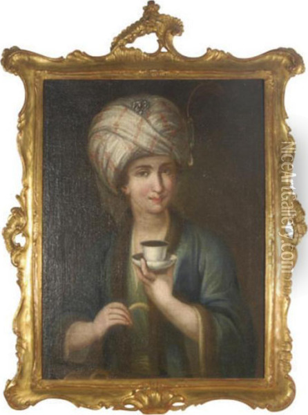 A Beauty With Turban Holding A Demi-tasse Oil Painting - Pietro Antonio Rotari