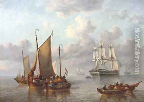 Shipping on a calm sea Oil Painting - George Willem Opdenhoff