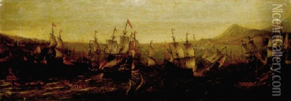 An Action Between Spanish Ships And Barbary Galleys In A Mediterranean Harbour Oil Painting - Jakob Feyt de Vries