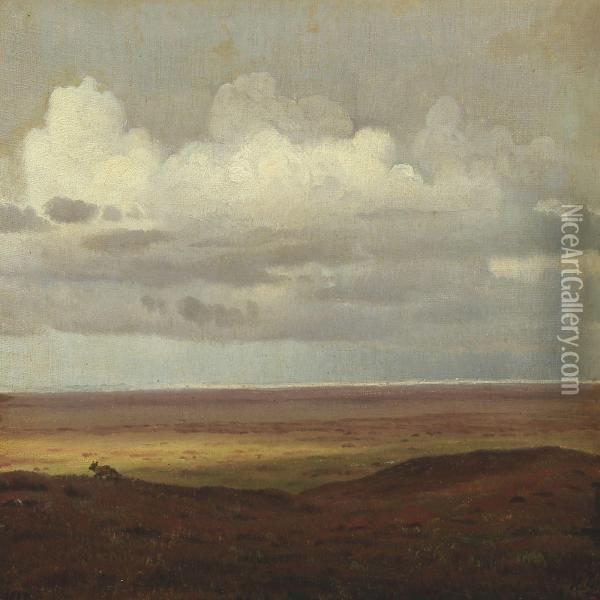 View Over Heather Moorland With Fox Oil Painting - Harald Foss