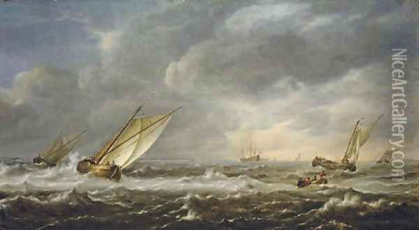 Fishing boats in choppy seas off the coast Oil Painting - Hieronymus Van Diest