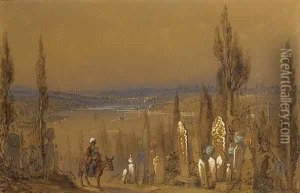 A Cemetery With Constantinople Across The Bosphorus Oil Painting - Amadeo Preziosi
