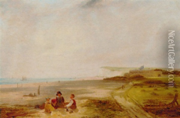 Children On A Beach With An Extensive Coastal Landscape Beyond Oil Painting - William Collins