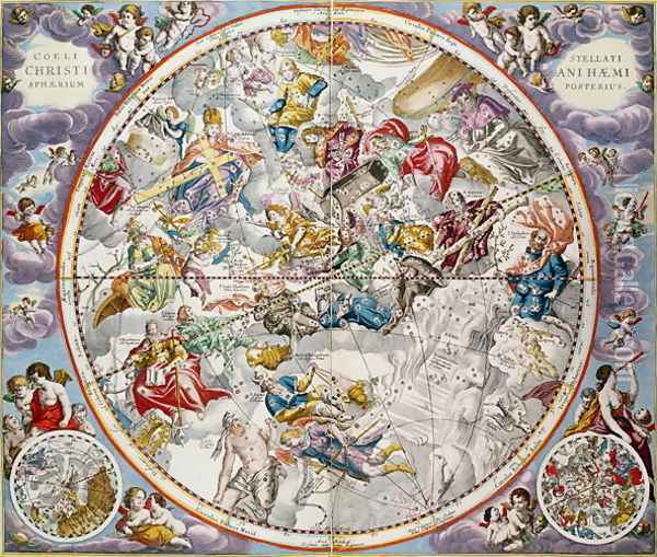 Map of the Christian Constellations as depicted by Julius Schiller, from 'The Celestial Atlas, or The Harmony of the Universe' (2) Oil Painting - Andreas Cellarius