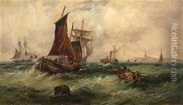 Fishing Smacks And A Paddle Steamer Off Yarmouth Oil Painting - John Wilson Carmichael