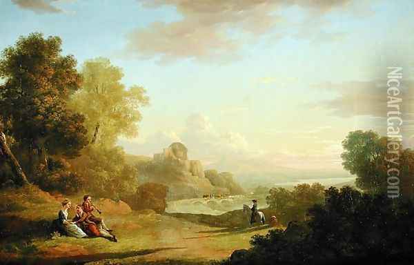 An Imaginary Landscape with a Traveller and Figures Overlooking the Bay of Baiae Oil Painting - Thomas Jones