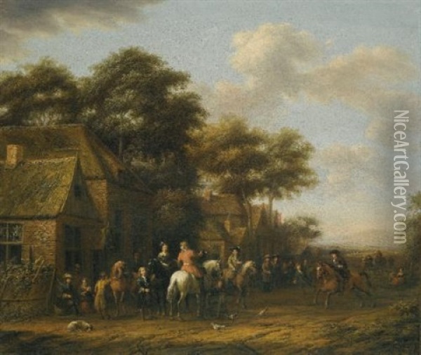 Village Scenes With Numerous Figures, Horses And Chickens (+ Another; Pair) Oil Painting - Barend Gael