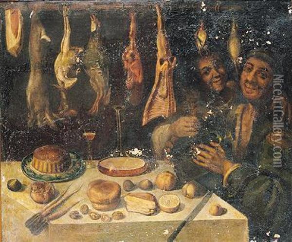 Bodegon De Cocina Con Carne Y Aves Colgando; A La Derecha Dos
 Figuras Oil Painting - Vincenzo Campi