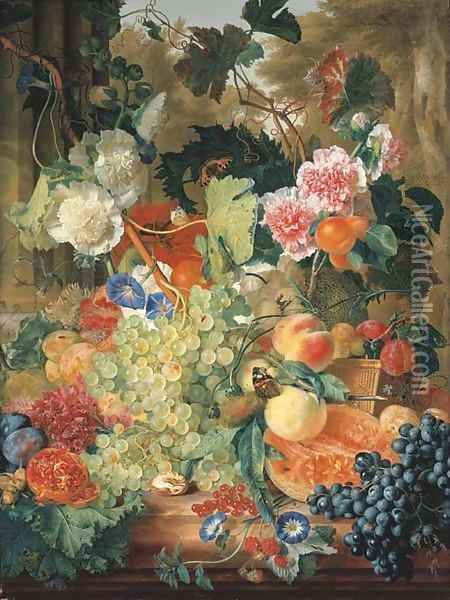 Green grapes on the vine with morning glory, pink and white hollyhocks, a red opium poppy, a walnut, hazelnuts, a split melon, a pomegranate Oil Painting - Jan Van Huysum