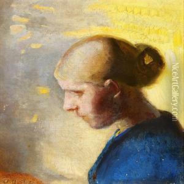 Portrait Of A Young Blond Girl In A Blue Dress With Her Hair In A Bun Oil Painting - Anna Ancher