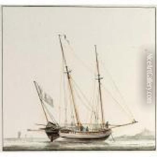 Two Studies Of Boats: A 'fransche Logger' Sailing Before The Wind And A 'fransche Logger' At Anchor Oil Painting - Wijbrand Schaap