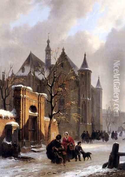 A Capricio View With Figures Leaving A Church In Winter Oil Painting - Bartholomeus Johannes Van Hove
